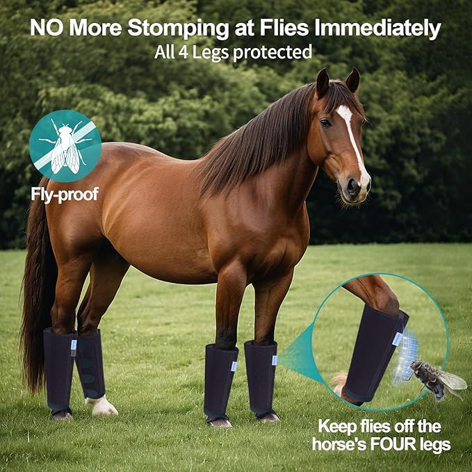 Mesh Horse Fly Boots Set of 4, Loose Fitting Leggings for Horses, Reduce Stressful Stomping, Breathable Adjustable and Universal Fit for 4 Legs, Reliable Stay Put (Black Blue)