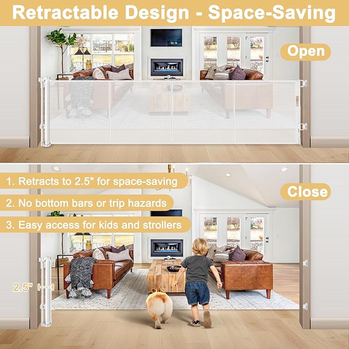 Reinforced 28 Inch Tall Retractable Baby Gates for Dogs - Easy Step Over, 100" Extra Wide Baby Gate with Support Rods, Indoor Mesh Dog Gates for The House Outdoor Retractable Gate Small Pet Gate/White