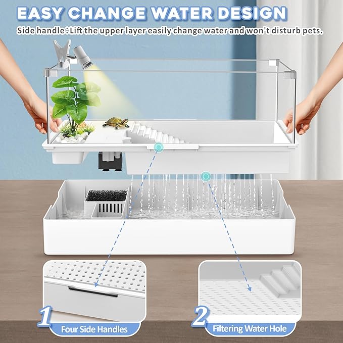 GOZILLA Small Turtle Tank Kit(Tank+Lamp+Filter), Acrylic Aquarium Turtle Starter Kit Habitat with Multi-Functional Areas for Small Reptiles. (Large Two Layer Kit)