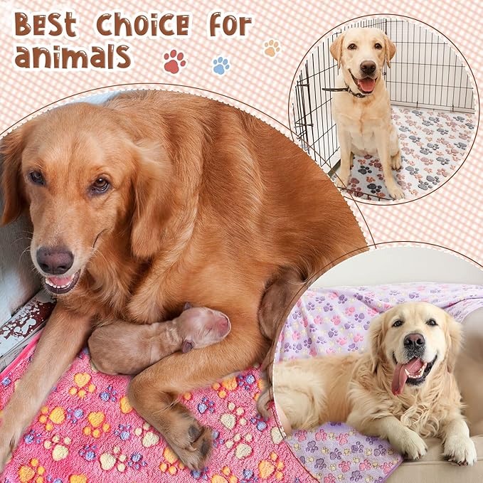 Tatuo 4 Pcs Dog Blanket for Pet Cat Blankets Indoor Puppy Teething Stuff Toys Paw Print Fleece Blanket Warm Sleep Mat for Guinea Pig Cage(White, Coffee, Pink, Purple,Large(36 x 36 Inch),Square)