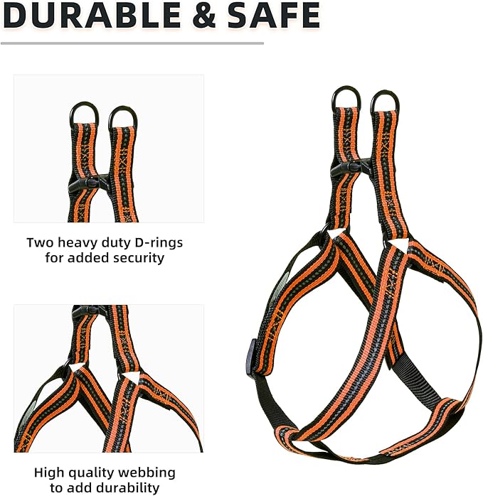 Mile High Life Night Reflective Double Adjustable Band Nylon Small Puppy Pet Dog Combo Collar Leash and Harness Set (Reflective Stripe Orange, Large (Pack of 3))