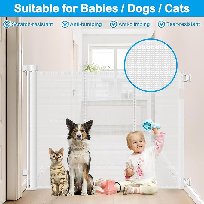 Reinforced 42" Tall X 80" Wide Retractable Baby Gate for Doorway 3.5ft Extra Tall Cat Gate for Stairs Indoor Retractable Baby Gates Extra Wide with Reinforced Bar Mesh Gates for Kids or Pets, White