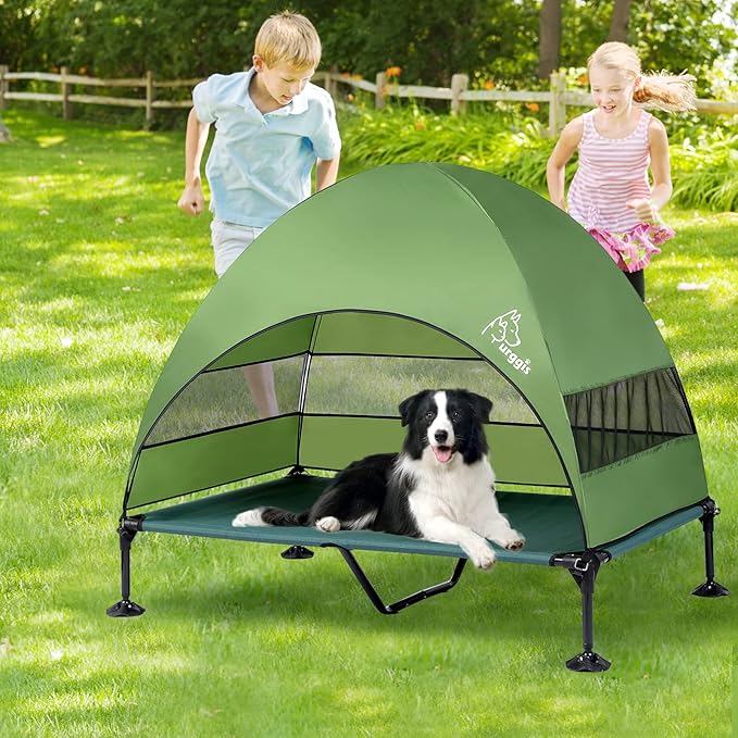 Upgraded Elevated Dog Bed with Canopy, Portable Raised Outdoor Dog Bed with Stable Anti-Slip Feet, Wider Shade Pet Bed Cot, Raised Pet Beds for Large Pets Camping, Indoor & Outdoor Use