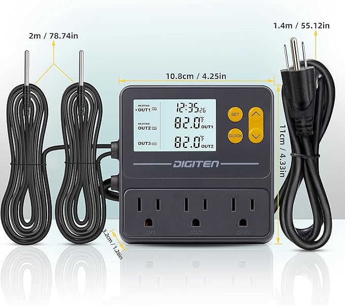 Reptile Temperature Controller, 3 Outlet Timer Thermostat for Grow Tent, Incubation, Snakes, Fish Tank, Heater, humidifiers, Ball Pythons, Bearded Dragon Tank