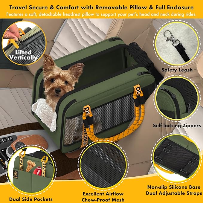PAWZIDEA Center Console Dog Car Seat, Enclosed Small Dog Armrest Booster Carseat, Secure Straps &Anti Slip, Portable TSA Approved Puppy Pet Carrier Soft-Sided, Removable Pillow Storage Pocket, up 12lb
