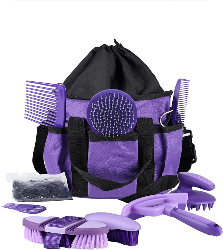 Harrison Howard Horse Grooming Kit, 9-Piece Complete Grooming Tools Set with Non-Slip Silicone Grip for Daily Horse Care, Bathing & Shedding Purple