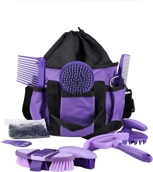 Harrison Howard Horse Grooming Kit, 9-Piece Complete Grooming Tools Set with Non-Slip Silicone Grip for Daily Horse Care, Bathing & Shedding Purple