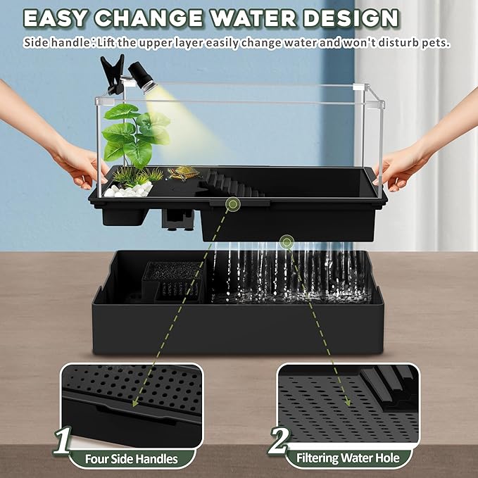 GOZILLA Small Turtle Tank Kit+Water Pump+Lamp, Acrylic Turtle Tank Starter Kit with Adjustable 5W Water Pump and Timing/Dimming Lamp, Multi-Functional Area for Small Turtles(Black Kit).