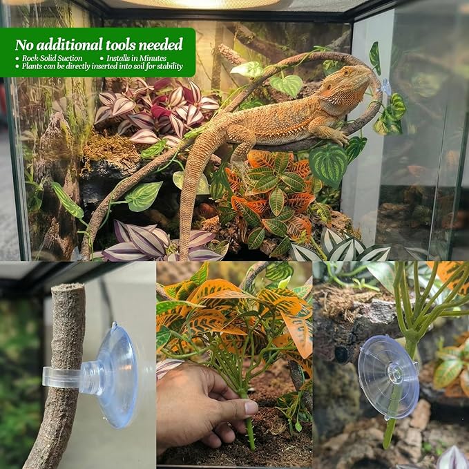 5 Pcs Reptile Plants & Habitat Decor Kit - 3 Artificial Hanging Plants & Large 3.3ft Jungle Vine Branch, Terrarium Tank Climbing Accessories for Crested Gecko, Bearded Dragon, Lizard, Snake, Chameleon