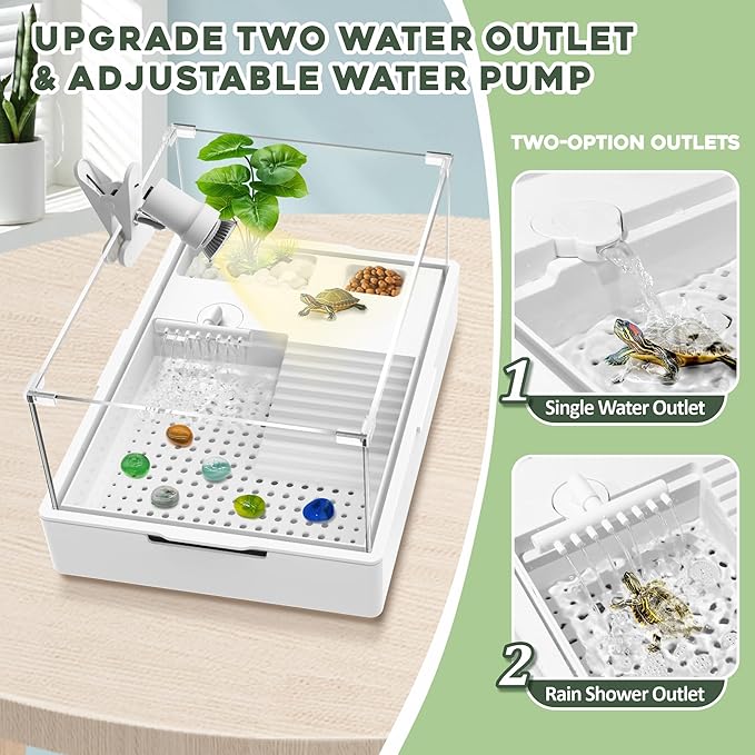 GOZILLA Small Turtle Tank Kit+Water Pump+Lamp, Acrylic Turtle Tank Starter Kit with Adjustable 5W Water Pump and Timing/Dimming Lamp, Multi-Functional Area for Small Turtles(White Kit).