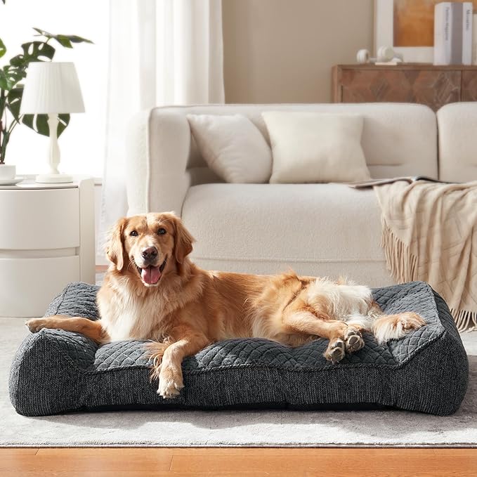 JOEJOY XL Orthopedic Dog Bed for Large Dogs Up to 90lbs - Extra Thick Foam Pet Bed Sofa with Bolster Sides, Large Sized Dog Bed with Removable Washable Cover, Non-Slip Bottom, Grey (42"x30")