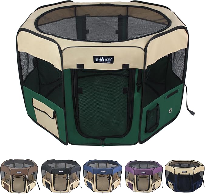 EliteField 2-Door Soft Pet Playpen (2 Year Warranty), Exercise Pen, Multiple Sizes and Colors Available for Dogs, Cats and Other Pets (62" x 62" x 24"H, Beige+Green)