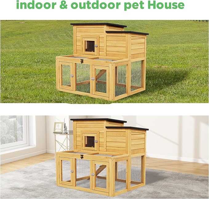 Wooden Chicken Coop for 2-4 Chickens Indoor Outdoor,Large Bunny Rabbit Hutch Poultry Pet Run Cage with Ventilation Door，Weatherproof Asphalt Roof for Garden Backyard(Wood)