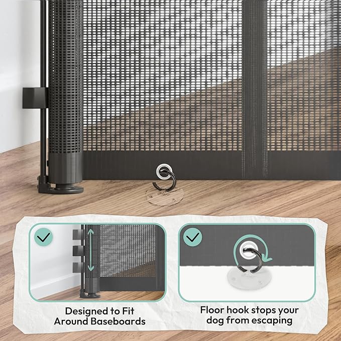 34" H Tall Mesh Dog Gate Extends Up to 200" W Retractable Pet Gate with Drill Installation, Preventing Crawling Through for Stairs, Doorways, Indoor & Outdoor (Grey)
