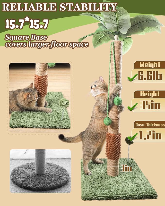 ANWA 35" Tall Simulated Cat Scratching Post with Self-Grooming Rubber Brush - Image 3