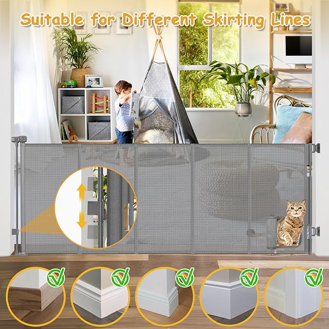 Reinforced 90” Extra Wide Retractable Dog Gate with Cat Door 33 Inch Tall Retractable Pet Gates for Wide Openings Mesh Baby Gate with Cat Door Long Gates for Kids or Pets with Reinforced Strips, Gray