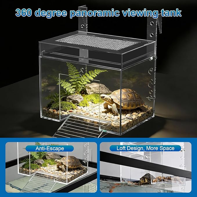 Adjustable Turtle Basking Platform, 7.8 x 5.5 x 5.5 Inch Above Tank Topper with Ramp for Small and Medium Aquatic Turtles, Transparent Acrylic Turtle Aquarium Dock Accessories