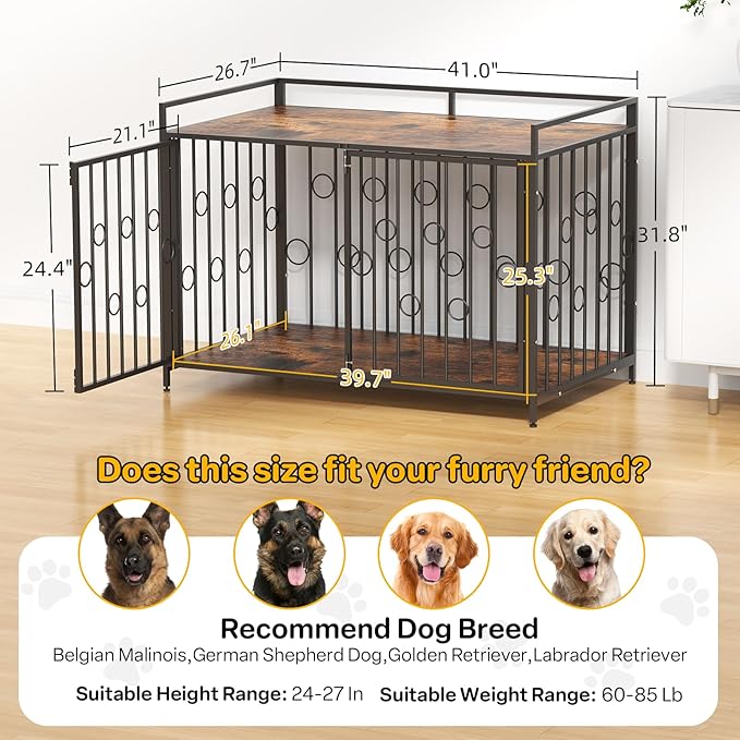 Medium Dog Crate Furniture Style, 42/48 inch Dog Crates for Medium Large Dogs, Indoor Decorative Wood Dog Crate Table with Storage Shelf, Unique Round Sturdy Pet Dog Kennel Indoor Furniture