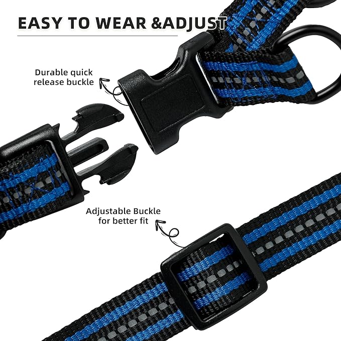 Mile High Life Night Reflective Double Adjustable Band Nylon Small Puppy Pet Dog Combo Collar Leash and Harness Set (Reflective Stripe Blue, Large (Pack of 3))