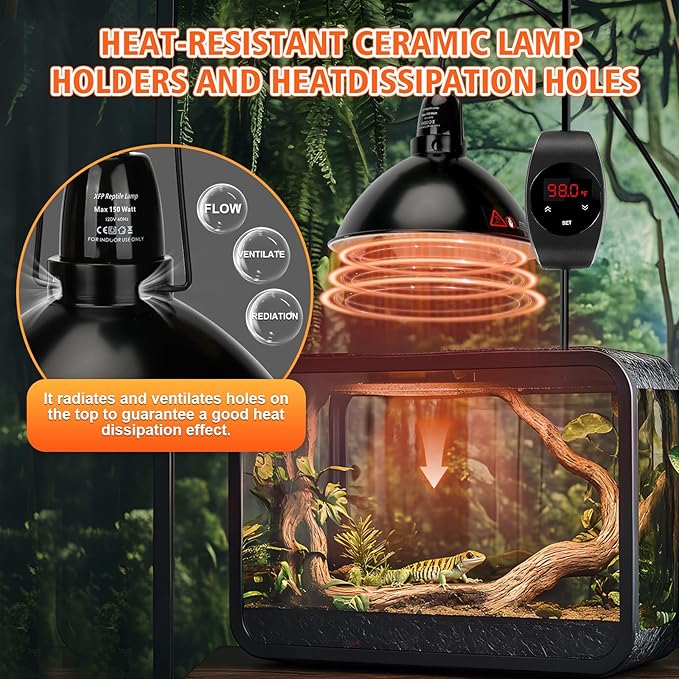 XFP Reptile Light Fixture with Thermostatic Timer, 5.5'' Reptile Heat Lamp Fixture, Added Switch Control Function with 300W Heat Lamp Bulbs for Reptile Glass Terrariums