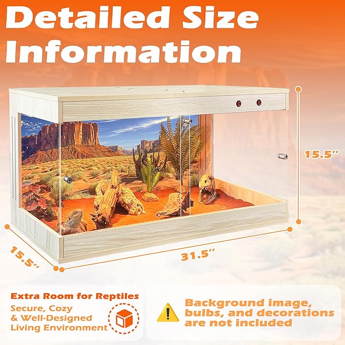 ROYXEN Reptile Tank, 34 Gallons Reptile Enclosure with Lockable Design, Tempered Glass Bearded Dragon Tank for Lizard Habitat, Soild Wood Built-in Sockets (Oak, 31.5"x15.5"x15.5")