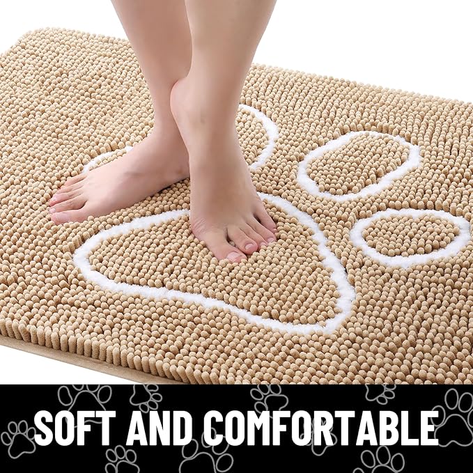 Smiry Dog Door Mat for Muddy Paws, Absorbent Dirt Trapper Non Slip Quick Dry Washable Chenille Mat for Mud Dogs, Entry Rug for Indoor and Outdoor (44x24 Inches, Beige and White)