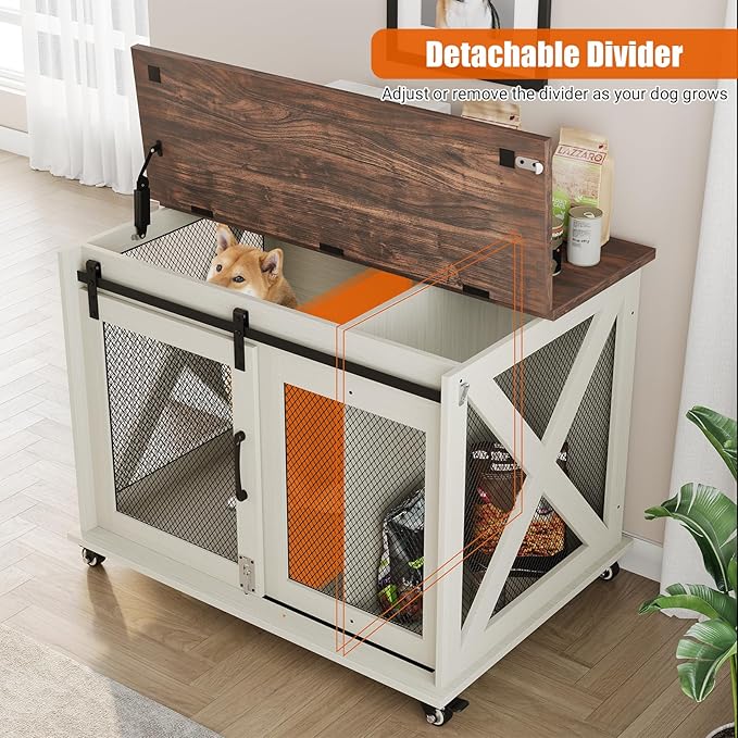 GarveeLife 37" Dog Crate Furniture, Side End Table, Farmhouse Dog Crate with Sliding Barn Door, Flip Top Wooden Dog Kennel with Wheels and Movable Divider, Indoor Dog Cage House for Medium Dogs