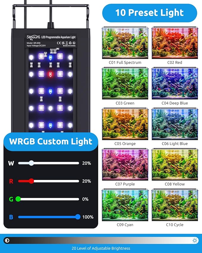 SEAOURA Aquarium LED Light with Thermometer, 24-30in Full Spectrum Lights for Fish Tank, 24/7 Programmable with Power Off Memory, WRGB Custom, 20 Level Dimmable Brightness for Freshwater Aquariums