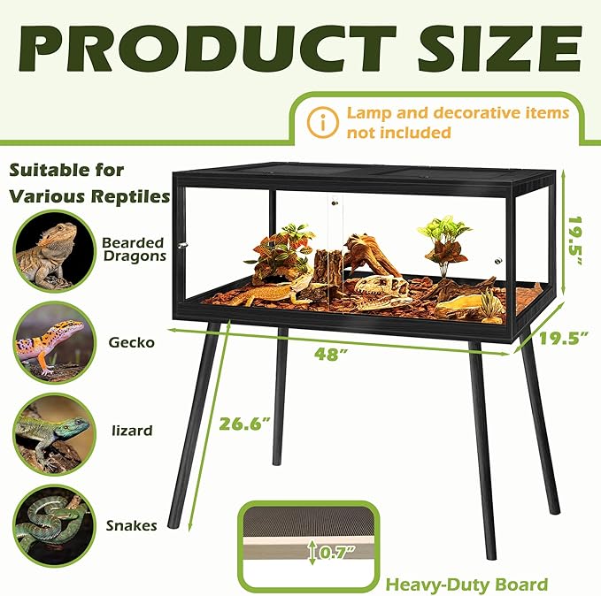 PROLEE Bearded Dragon Tank with Leg, 81 Gallon Tempered Glass Lizard Tank, Reptile Enclosure with Metal Mesh and Lockable Door, Reptile Tank for Snakes,Chameleon (Black, 48x19.5x19.5 Inch)