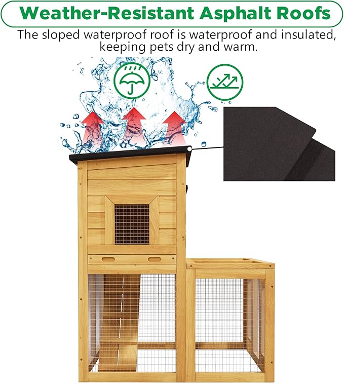 Wooden Chicken Coop for 2-4 Chickens Indoor Outdoor,Large Bunny Rabbit Hutch Poultry Pet Run Cage with Ventilation Door，Weatherproof Asphalt Roof for Garden Backyard(Wood)