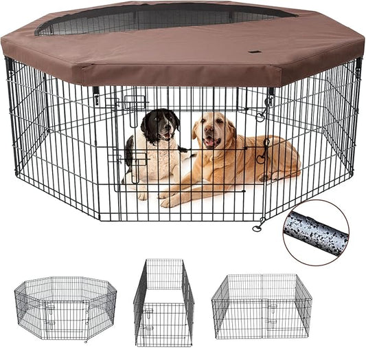 NEZUC Foldable Metal Dog Exercise Playpen Gate Fence Dog Crate 8 Panels 24 Inch Height Puppy Kennels with Top Cover/Bottom Pad for Animals Outdoor Indoor (Playpen+Top Cover, Brown, 24" H)