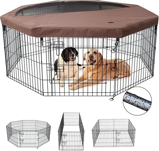 NEZUC Foldable Silver Metal Dog Exercise Playpen Gate Fence Dog Crate 8 Panels 30 Inch Height Puppy Kennels with Top Cover for Animals Outdoor Indoor (with top Cover, 8 Panels 30" H)
