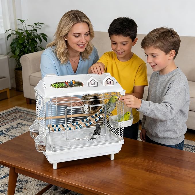 Parakeet Bird Cage, Clear Portable Cockatiel Carrier, Medium Bird with Wooden Perch, Acrylic Lightweight with Removable Tray, Pet with Travel Handle, Indoor Cage for Conures Macaws