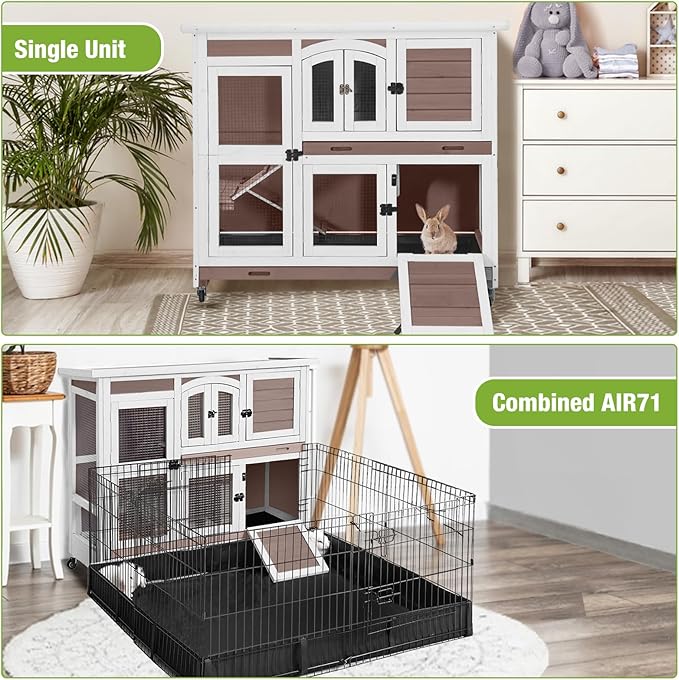 Gutinneen Two-Story Rabbit Hutch with Chew-Proof Ramp - 47" Indoor/Outdoor Rabbit Cage with Wheels & Leak-Resistant Trays for Rabbits, Guinea Pigs(Brown)