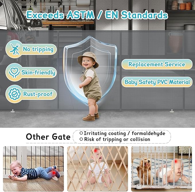 200'' Retractable Baby Gates Extra Wide, 42'' Extra Tall Retractable Dog Gate, 16 FT Grey Indoor/Outdoor Retractable Gate with Reinforcement Rods for Garage, Doorways, Stairs, Decks, Driveway, Patio
