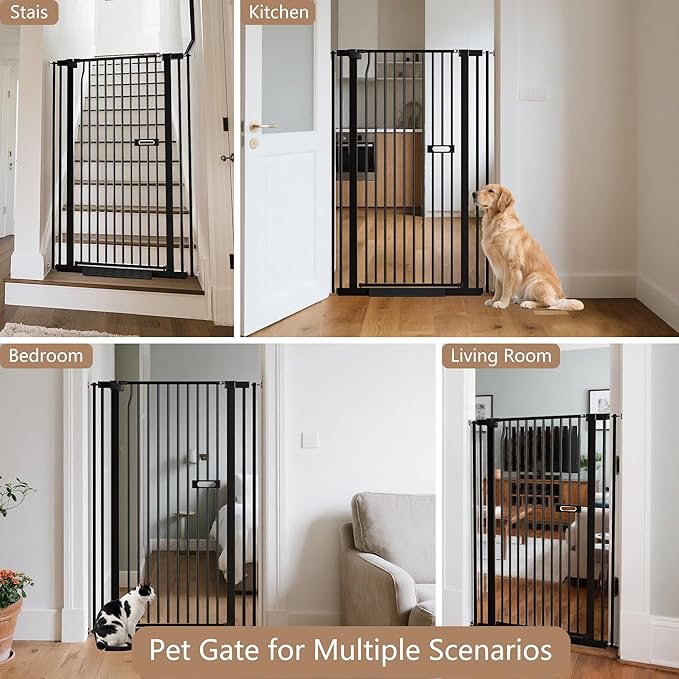 55.1" Extra Tall Cat Gate for Stairs, 26.1-29.7" Wide（66.5-75.5cm） Auto Close Cat Gate Indoor for Doorway/Hallways/Kitchen, No Drilling High Pressure Mounted, 1.37" Narrow Bar Spacing, Black