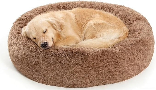 SAVFOX 36 inches Calming Donut Dog Bed - 3X Durable Plush Faux Fur, Machine Washable & Non-Slip, Fits up to 100 lbs, Brown