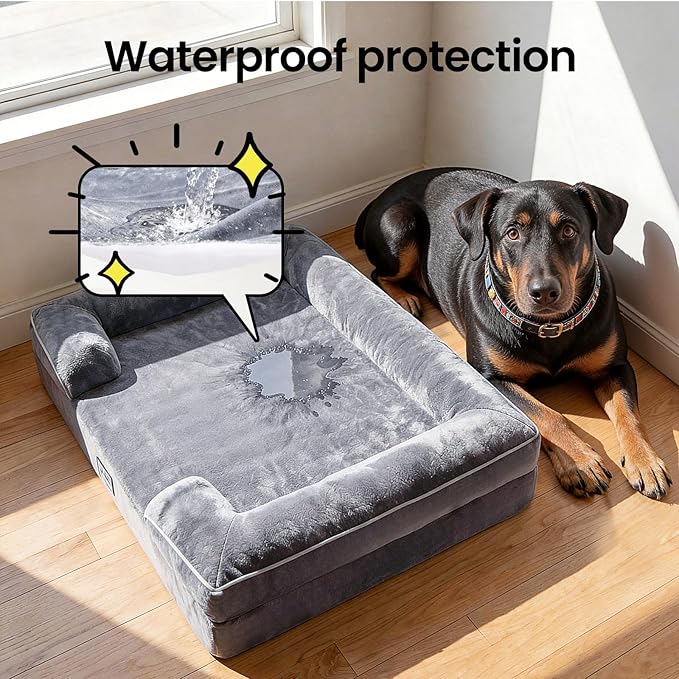 OhGeni Orthopedic Dog Bed Couch Big Cat Sofa for XXL Sized Pets with Memory Foam, Machine-Washable Waterproof Removable Cover, Soft Comfortable Fabric, 48-inch (Gray)
