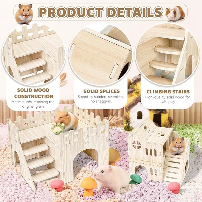 Wooden Hamster Hideout, Hamster Houses and Hideouts with Climbing Ladder, Hamster Maze Hamster Accessories for Bigger Syrian Hamsters and Small Animals