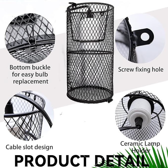 Reptile Heat Lamp Guard Ceramic Heat Emitter Basking Heater Lamp Reptile Accessories for Turtle Snakes Lizards Frogs Chicks with Power Switch & Anti-Biting Hanging Hook Design Round Without Bulb 150w