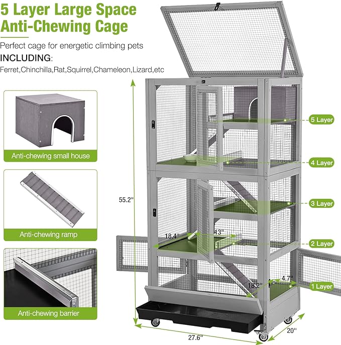 GUTINNEEN Ferret Cage Chinchilla Cage Five Layer Mobile Small Animal Cages Anti-Chewing for Rat Squirrel 55.2" H