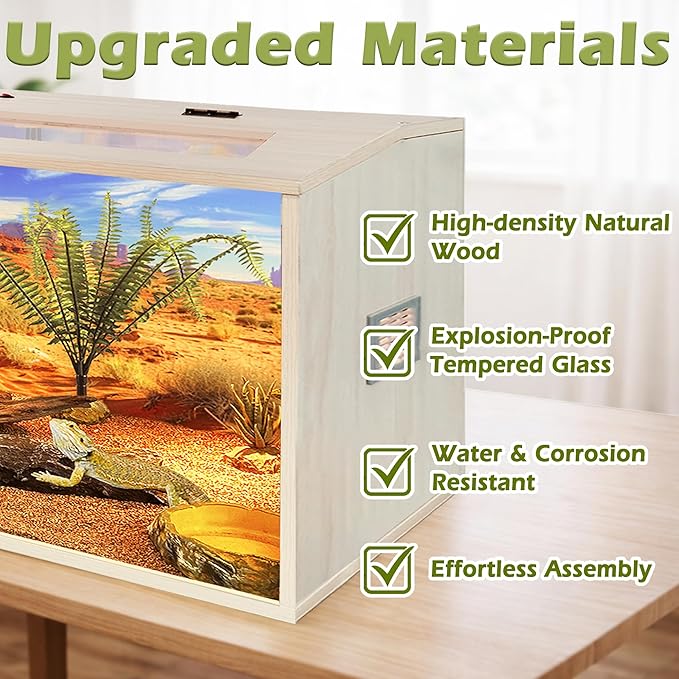 PROLEE Bearded Dragon Tank, Up to 81Gallon Reptile Enclosure, Tempered Glass Lizard Tank, Bearded Dragon Enclosure with Built-in Lamp Fixture for Chameleon (Wooden Roof, 68Gallons,40x19.5x19.5 Inch)