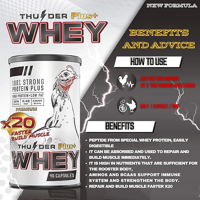 Thunder Rooster Booster Faster X3 New Formula 90 Capsules Whey Protein Vitamins Health Supplement Capsules Mixed Nourishing Chicken for Big Muscle & Mass Gain, Breeding, Healthy, Strong, Hen Feed