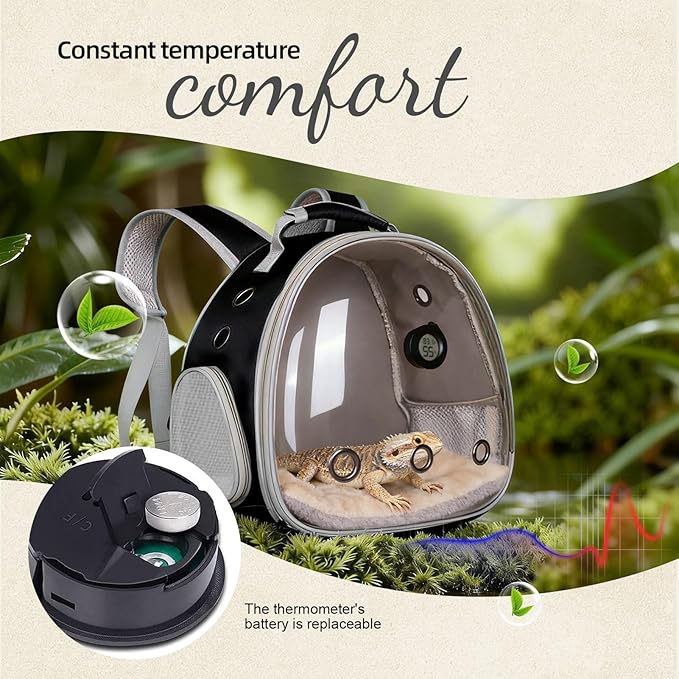 Bearded Dragon Travel Backpack Carrier with Reptile Thermometer and Humidity Gauge Lizard Travel Cage Space Capsule Clear Bubble Window Astronaut Reptile Bag for Ball Python (Black, Backpack+PG LSH)