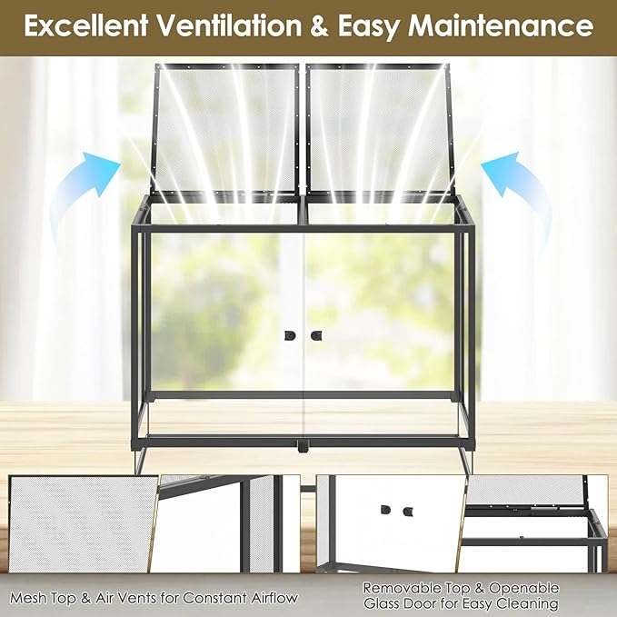 Erinnyees 74 Gallon Reptile Terrarium with Top Screen Ventilation, Snake Habitat with Heating Pad Space, Front Opening Reptile Vivarium with Sliding Cable Outlet for Leopard Geckos, Turtles, Snakes
