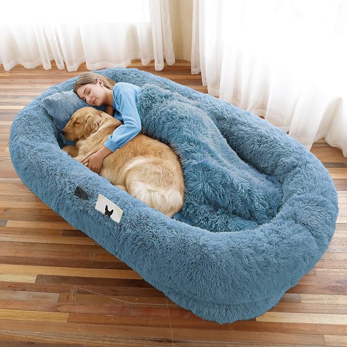 Human Dog Bed, 71''x45''x12'' Size Fits You and Pets, Washable Faux Fur Pet Bed for People Doze Off, Napping Orthopedic Dog Bed, Present Plump Pillow, Blanket, Strap - Navy