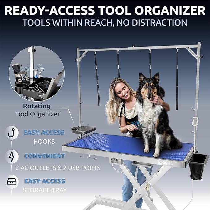 KANIS Professional Electric Dog Grooming Table - Heavy Duty, Height Adjustable Pet Grooming Table w/Leveling Wheels, Grooming Arm, Anti Slip Tabletop & Tool Organizer/Dog Grooming Station (White, 49")