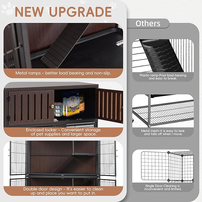 HABUTWAY 50''H Metal Large Ferret Cage, Rolling Chinchilla Cage with Removable Ramps& Double Door, with Locker, Small Animal Cage Indoor Wooden Pet Crate Furniture
