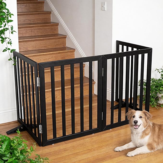 ZJSF Freestanding Indoor Dog Gate for House Foldable Wood Puppy Gate for Doorways Pet Gate for Stairs Extra Wide Pet Fence, Black, 32" Height 2 Panels
