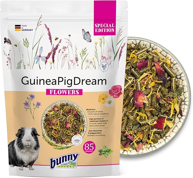 Bunny Nature Guinea Pig Food Pellets GuineaPigDream Flowers, 63 Herbs, Stabilized Vitamin C, Rose Petals, Peppermint, High Fiber, Grain Free, Digestive - 3.3 lbs